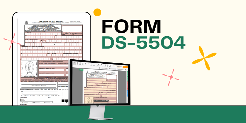 The fillable DS-5504 form in PDF on the computer and the printable version of the passport application